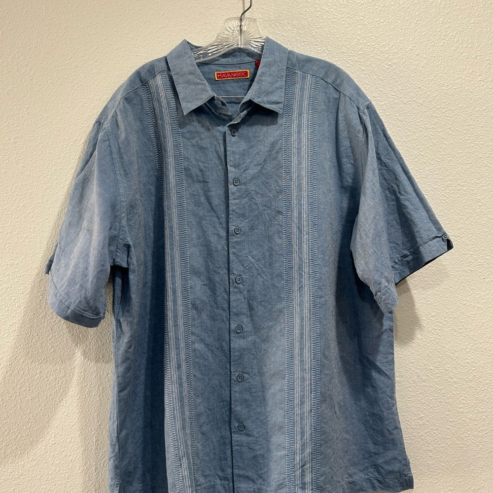 Havanera Shirt Button Blue Pleated Front Stitching Short Sleeve Linen Blend XL